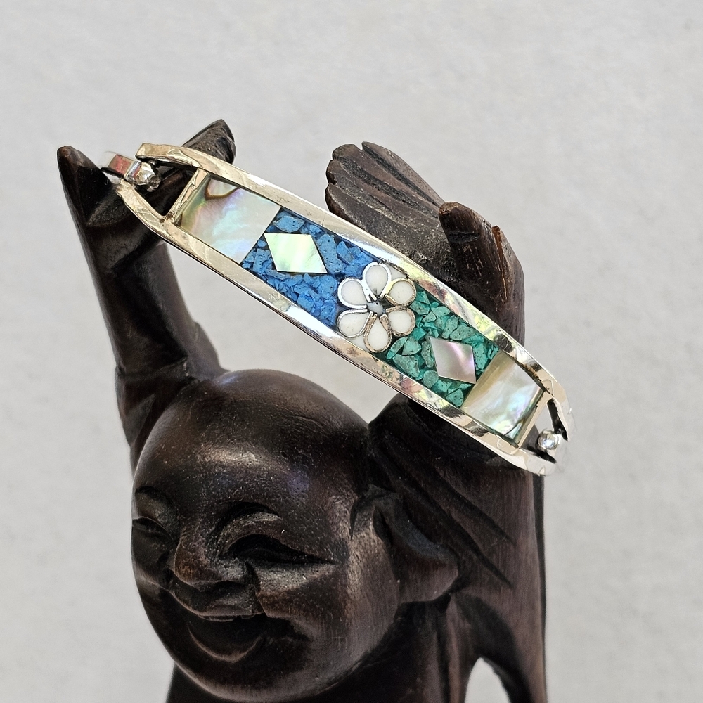 Mexico 925 Inlaid Gemstone Hinged Bracelet Michoan 925 - Picture 7 of 14